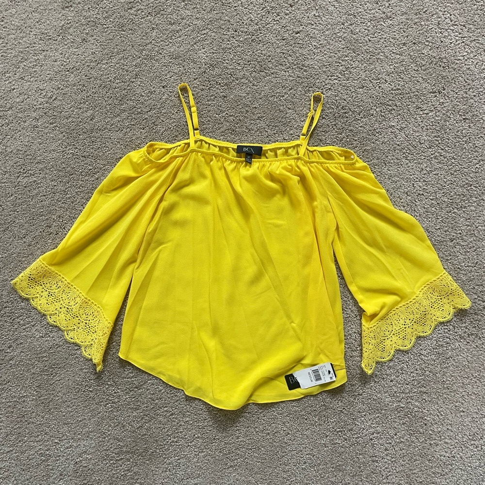 BCX Yellow Off-Shoulder Blouse with Lace Sleeves